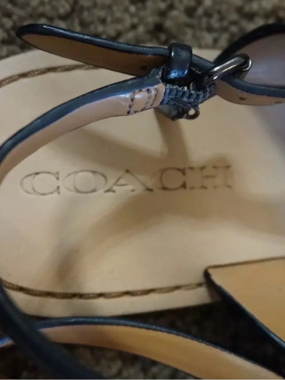 Coach Candice Turnlock Black Leather T-Strap Thong Sandal With Small Heal